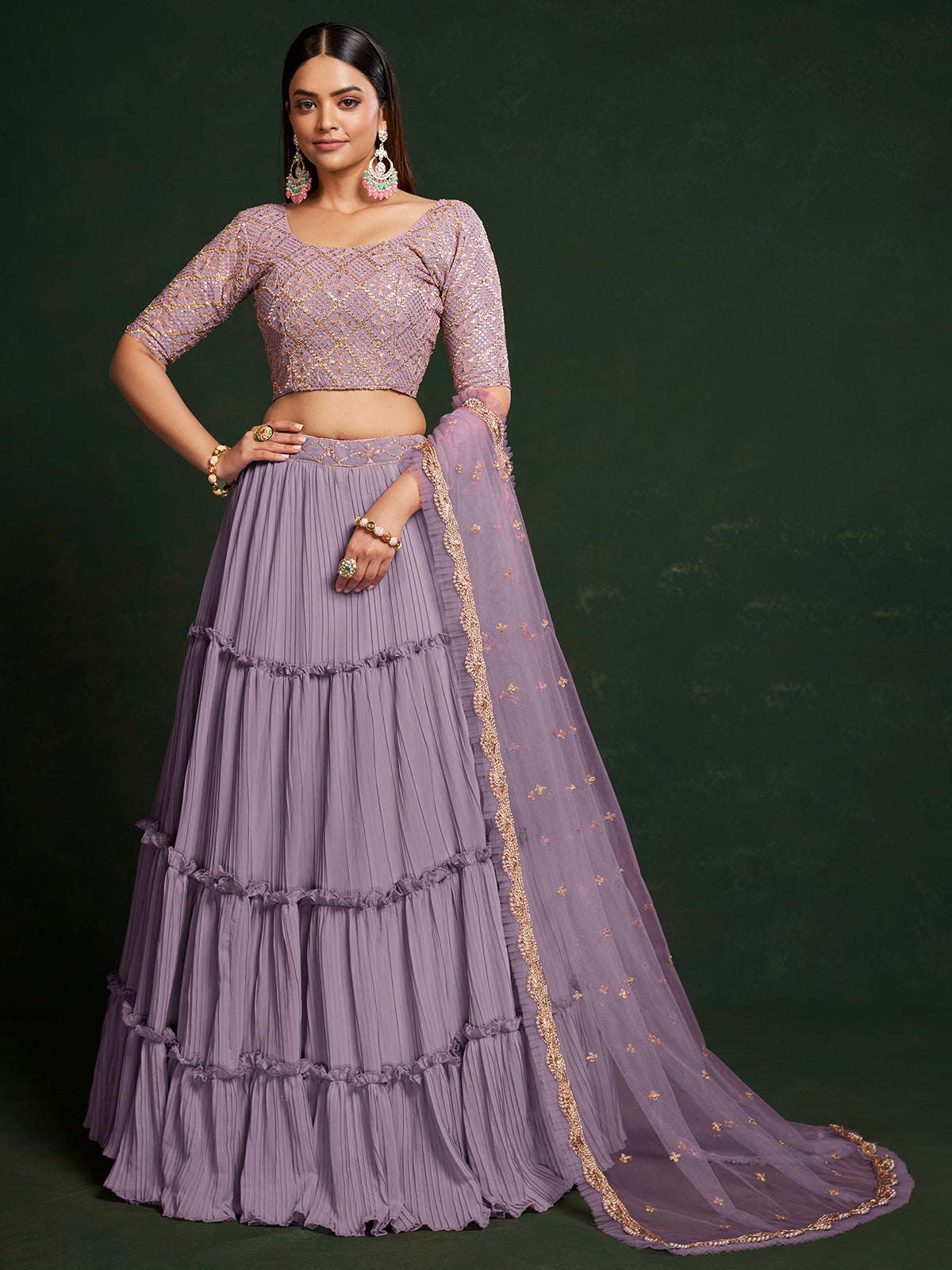 Lavender Faux Georgette Embroidered Semi Stitched Lehenga Choli