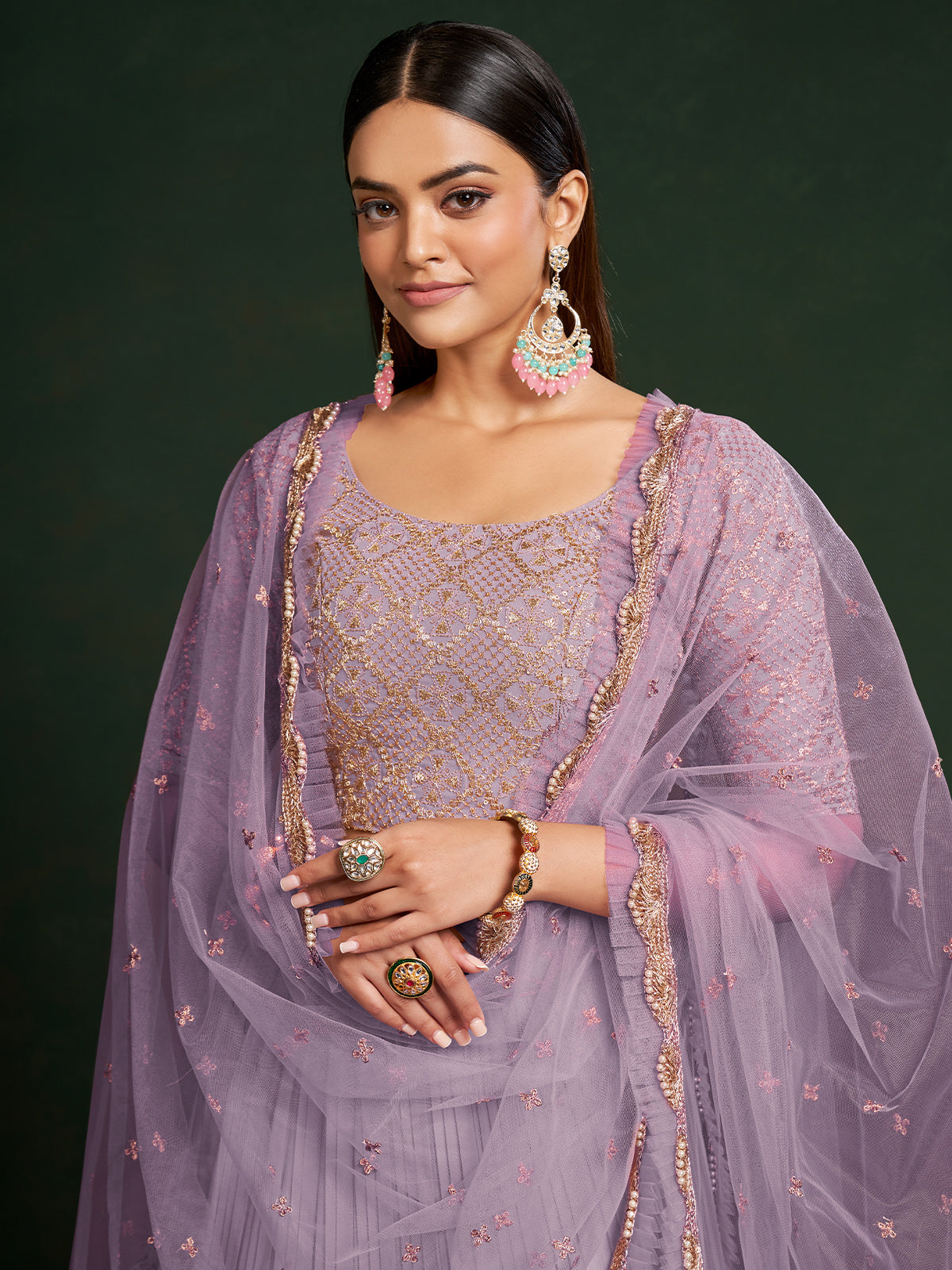 Lavender Faux Georgette Embroidered Semi Stitched Lehenga Choli
