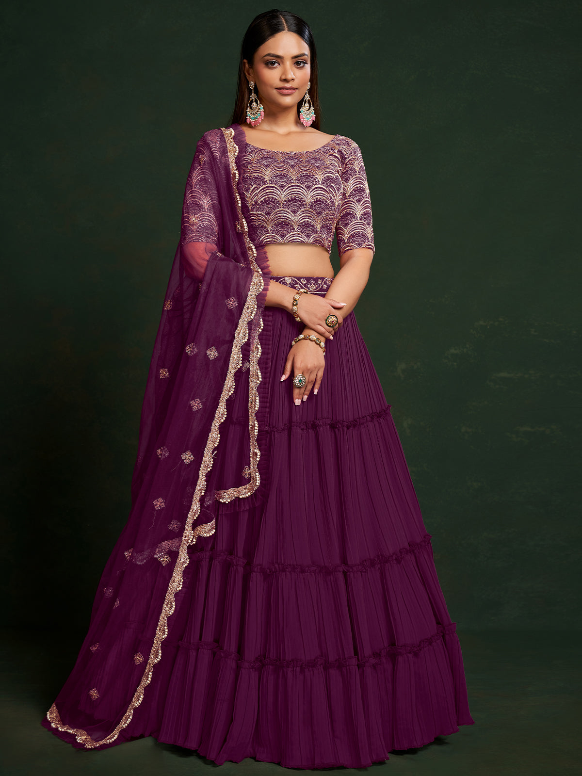 Purple Faux Georgette Embroidered Semi Stitched Lehenga Choli