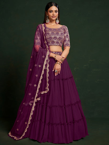 Purple Faux Georgette Embroidered Semi Stitched Lehenga Choli