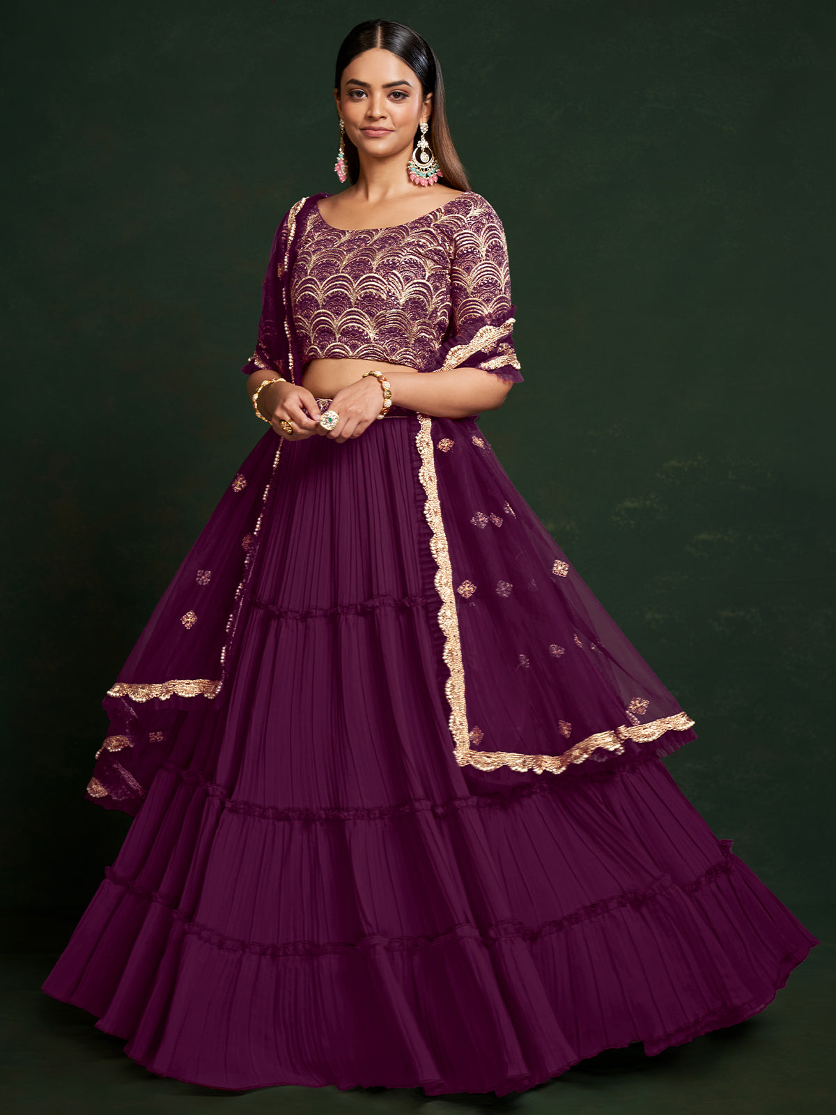 Purple Faux Georgette Embroidered Semi Stitched Lehenga Choli
