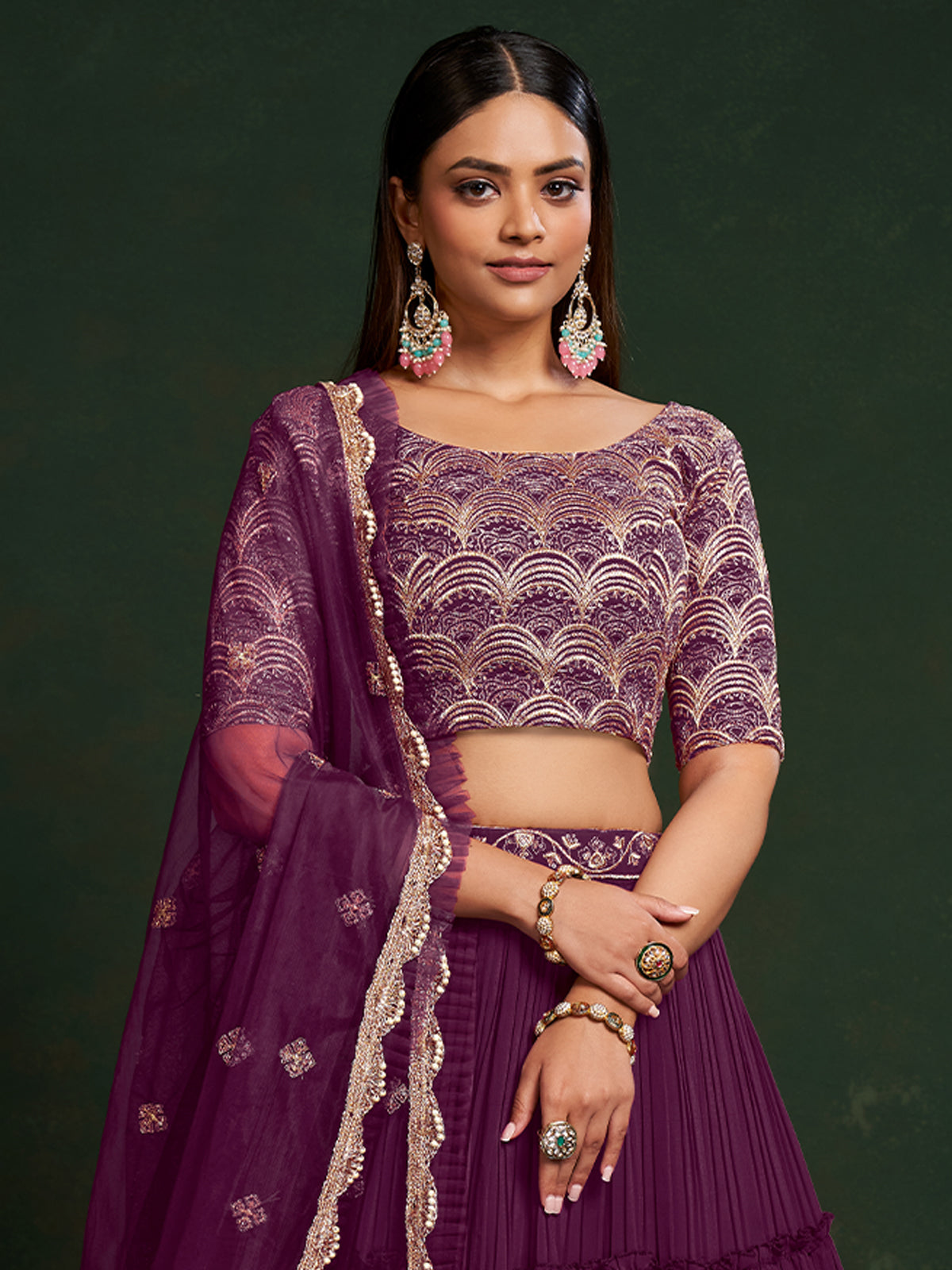 Purple Faux Georgette Embroidered Semi Stitched Lehenga Choli