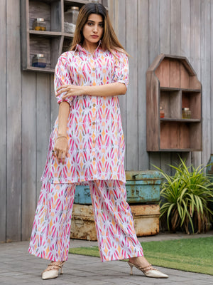 Rajwada White and Pink Cotton Printed Co Ord Set for Women