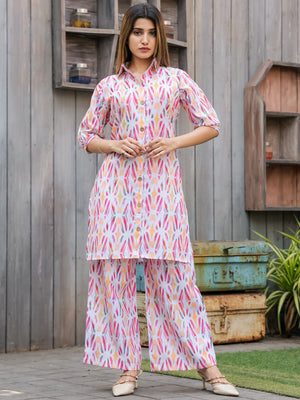 Rajwada White and Pink Cotton Printed Stitched Co Ord Set for Women