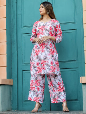 Rajwada White and Pink Cotton Printed Co Ord Set for Women