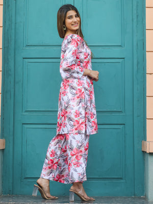 Rajwada White and Pink Cotton Printed Co Ord Set for Women