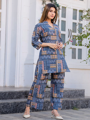 Rajwada Blue Cotton Printed Stitched Co Ord Set for Women