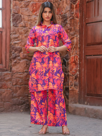 Rajwada Purple and Pink Cotton Printed Co Ord Set for Women