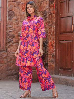 Rajwada Purple and Pink Cotton Printed Stitched Co Ord Set for Women