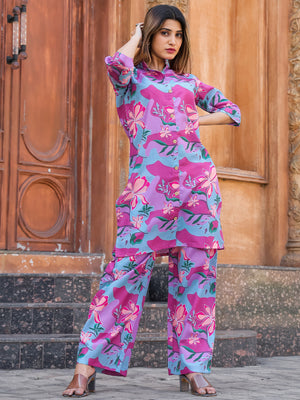 Rajwada Pink and Purple Cotton Printed Co Ord Set for Women