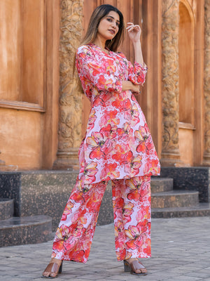 Rajwada Red and White Cotton Printed Stitched Co Ord Set for Women