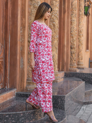 Rajwada Red Cotton Printed Stitched Co Ord Set for Women