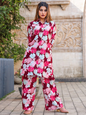 Rajwada Maroon Cotton Printed Stitched Co Ord Set for Women