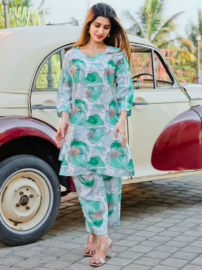 Rajwada Green and Blue Cotton Printed Co Ord Set for Women