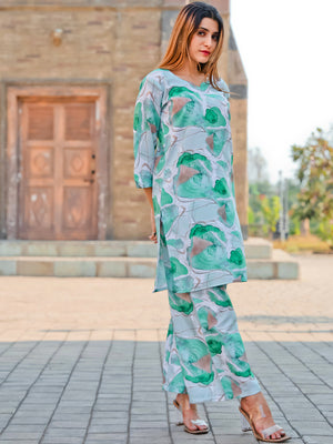 Rajwada Green and Blue Cotton Printed Stitched Co Ord Set for Women