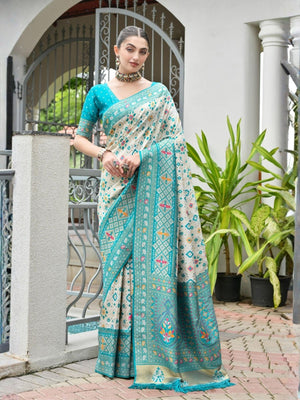 Rajwada Off White And Light Blue Silk Blend Printed Saree For Women
