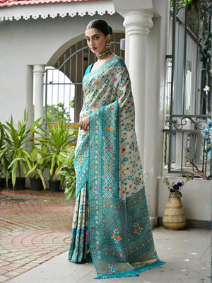 Rajwada Off White And Light Blue Silk Blend Printed Saree For Women