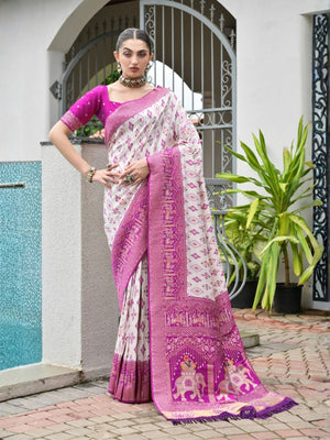 Rajwada Off White And Magenta Silk Blend Printed Saree For Women