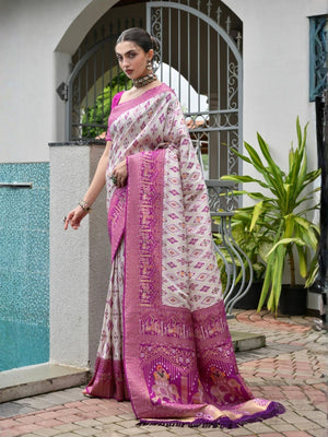 Rajwada Off White And Magenta Silk Blend Printed Saree For Women