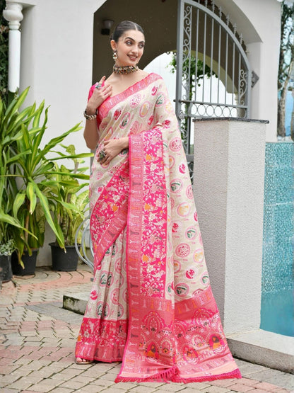 Rajwada Off White And Pink Silk Blend Printed Saree For Women