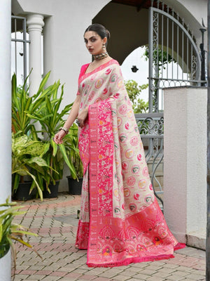 Rajwada Off White And Pink Silk Blend Printed Saree For Women