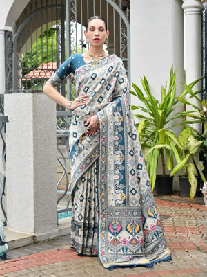 Rajwada Off White And  Dusty  Blue Silk Blend Printed Saree For Women