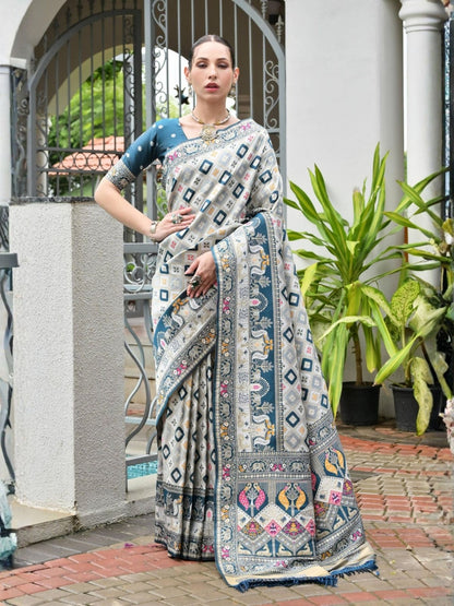 Rajwada Off White And  Dusty  Blue Silk Blend Printed Saree For Women