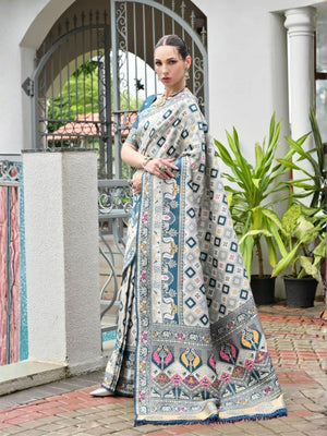 Rajwada Off White And  Dusty  Blue Silk Blend Printed Saree For Women
