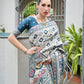 Rajwada Off White And  Dusty  Blue Silk Blend Printed Saree For Women