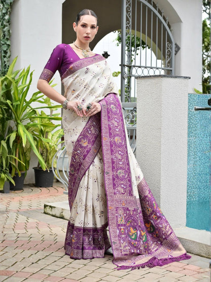 Rajwada Off White And Violet Silk Blend Printed Saree For Women