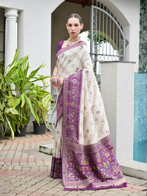 Rajwada Off White And Violet Silk Blend Printed Saree For Women