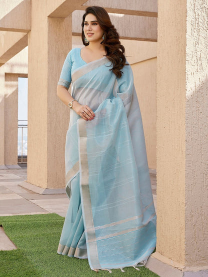 Rajwada Pastel Blue Silk Blend Printed Saree For Women