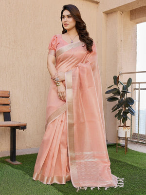 Rajwada Peach Pink Silk Blend Printed Saree For Women