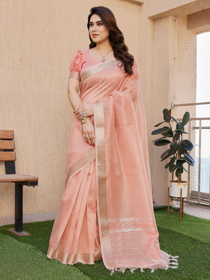 Rajwada Peach Pink Silk Blend Printed Saree For Women