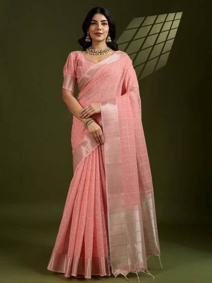 Rajwada Peach Pink Silk Blend Printed Saree For Women