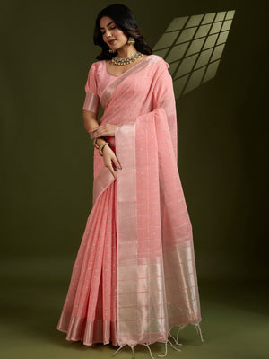 Rajwada Peach Pink Silk Blend Printed Saree For Women