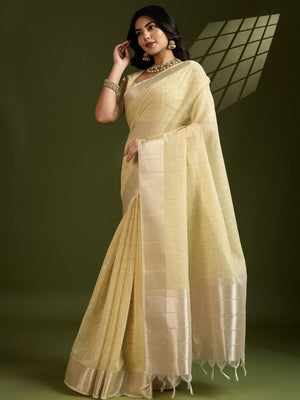 Rajwada Light Yellow Silk Blend Printed Saree For Women