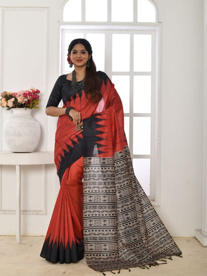Rajwada Red And Black Silk Blend Printed Saree For Women