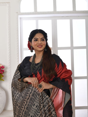 Rajwada Red And Black Silk Blend Printed Saree For Women