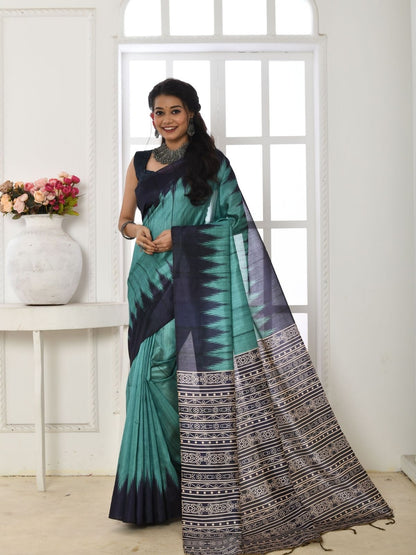 Rajwada Light Blue And Navy Blue Silk Blend Printed Saree For Women