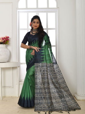 Rajwada Navy Blue And Green Silk Blend Printed Saree For Women