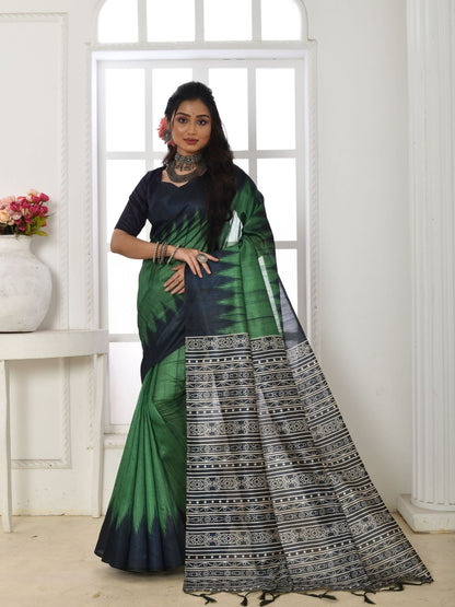 Rajwada Navy Blue And Green Silk Blend Printed Saree For Women