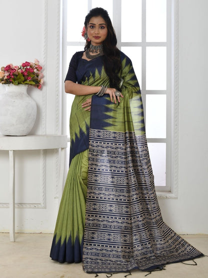 Rajwada Navy Blue And Olive Silk Blend Printed Saree For Women