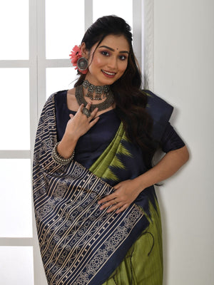 Rajwada Navy Blue And Olive Silk Blend Printed Saree For Women