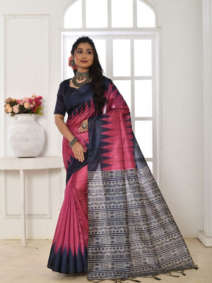 Rajwada Pink And Navy Blue Silk Blend Printed Saree For Women