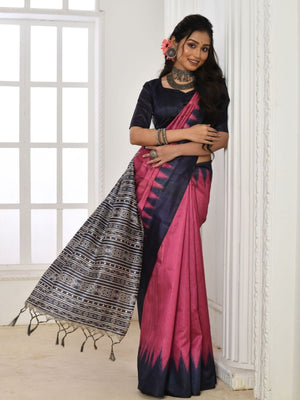 Rajwada Pink And Navy Blue Silk Blend Printed Saree For Women
