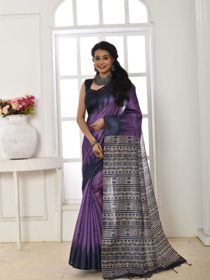 Rajwada Royal Purple And Navy Blue Silk Blend Printed Saree For Women
