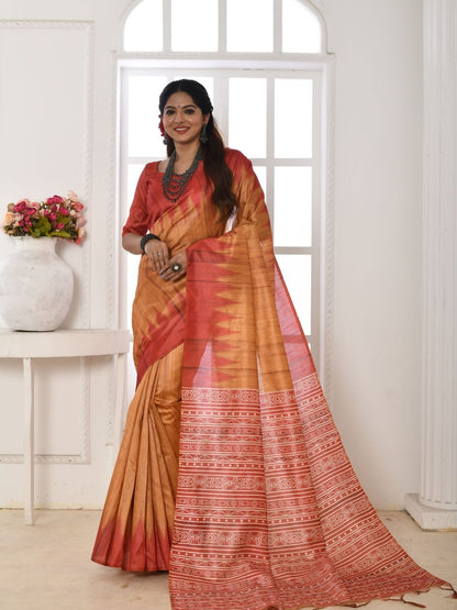 Rajwada Rust And Red Silk Blend Printed Saree For Women