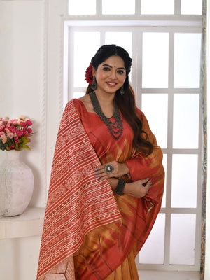 Rajwada Rust And Red Silk Blend Printed Saree For Women