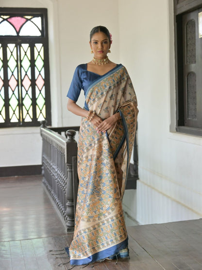 Rajwada Beige Silk Blend Printed Saree For Women